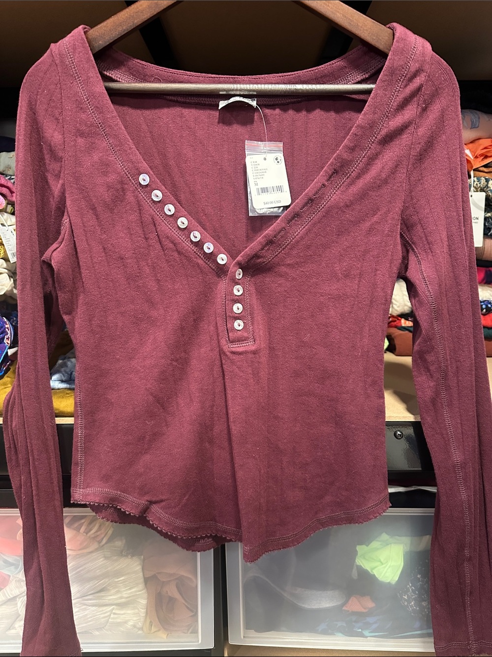 Free People Long-Sleeve V-Neck Button-Accent Top  Dusty Rose medium port royale